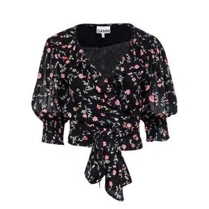 Ganni Viscose Black Elm Floral Georgette Wrap Top $160 MSRP